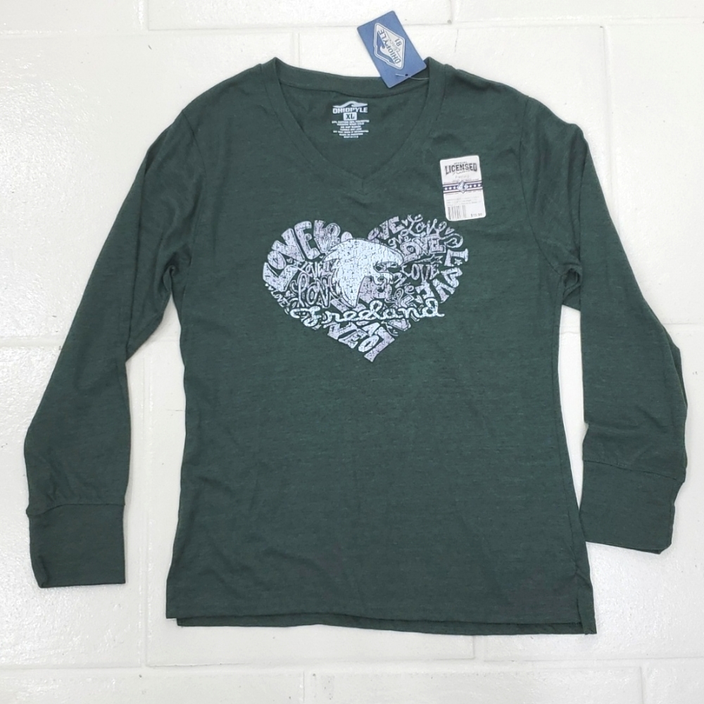 Freeland high school shirt women's size XL green long sleeve jersey knit v-neck